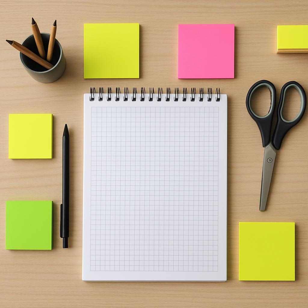 Desk organizer side view photo. A notebook in the middle, surrounded by yellow, green, pink square Post-It notes, colored ...