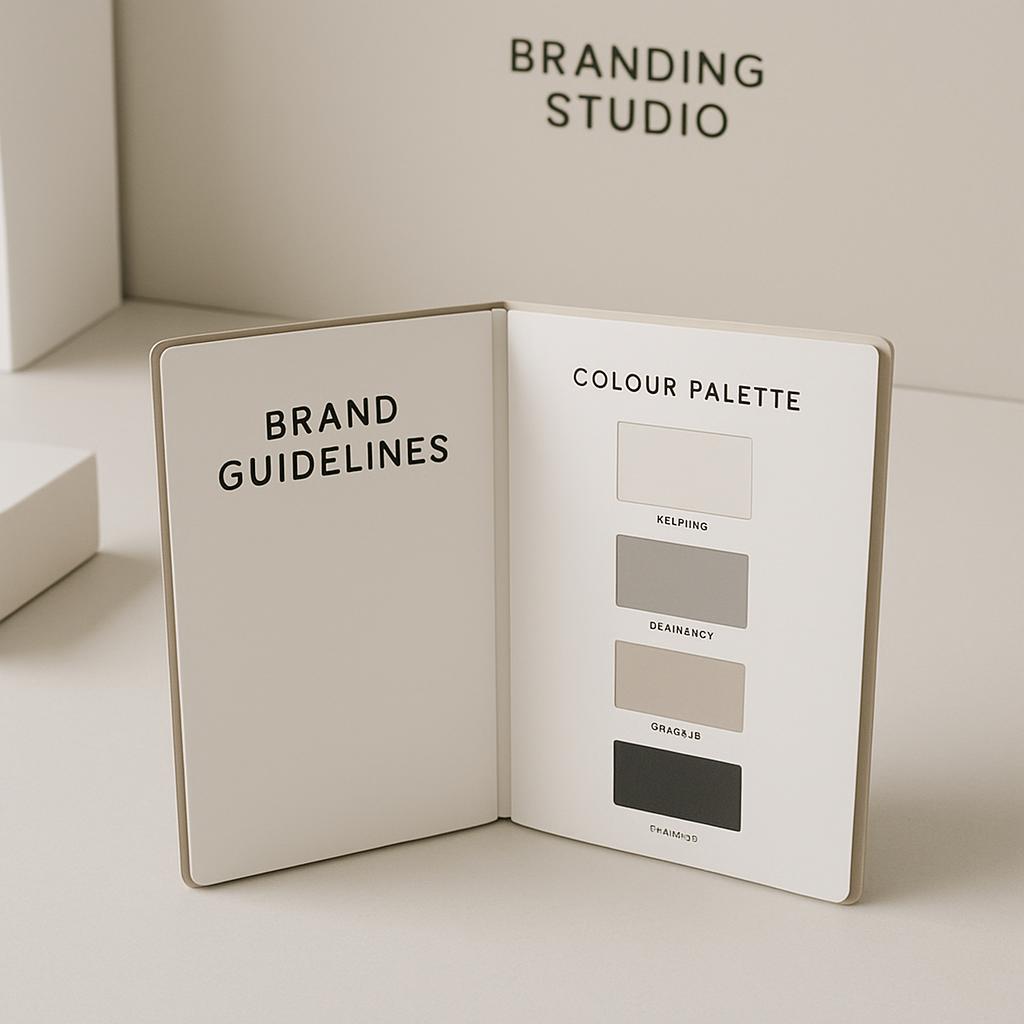 A branding studio's interior, featuring a color palette and brand guidelines, with neutral tones evoking warmth. The phras...